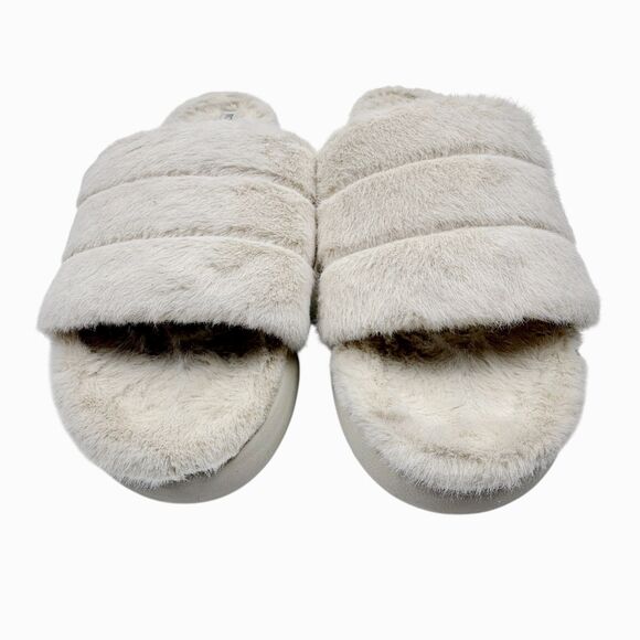 TOMS Faux Fur Quilted Slide Slippers Ivory Cozy Indoor Glam House Shoes 11 - Picture 5 of 9